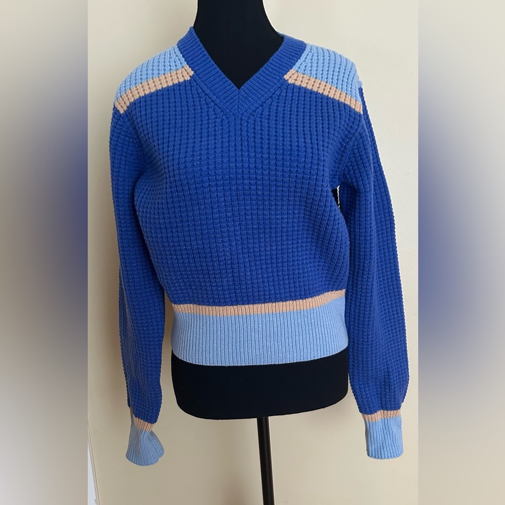 Marni Blue Colorblock V-Neck Sweater with Tan Accents - Picture 3 of 4